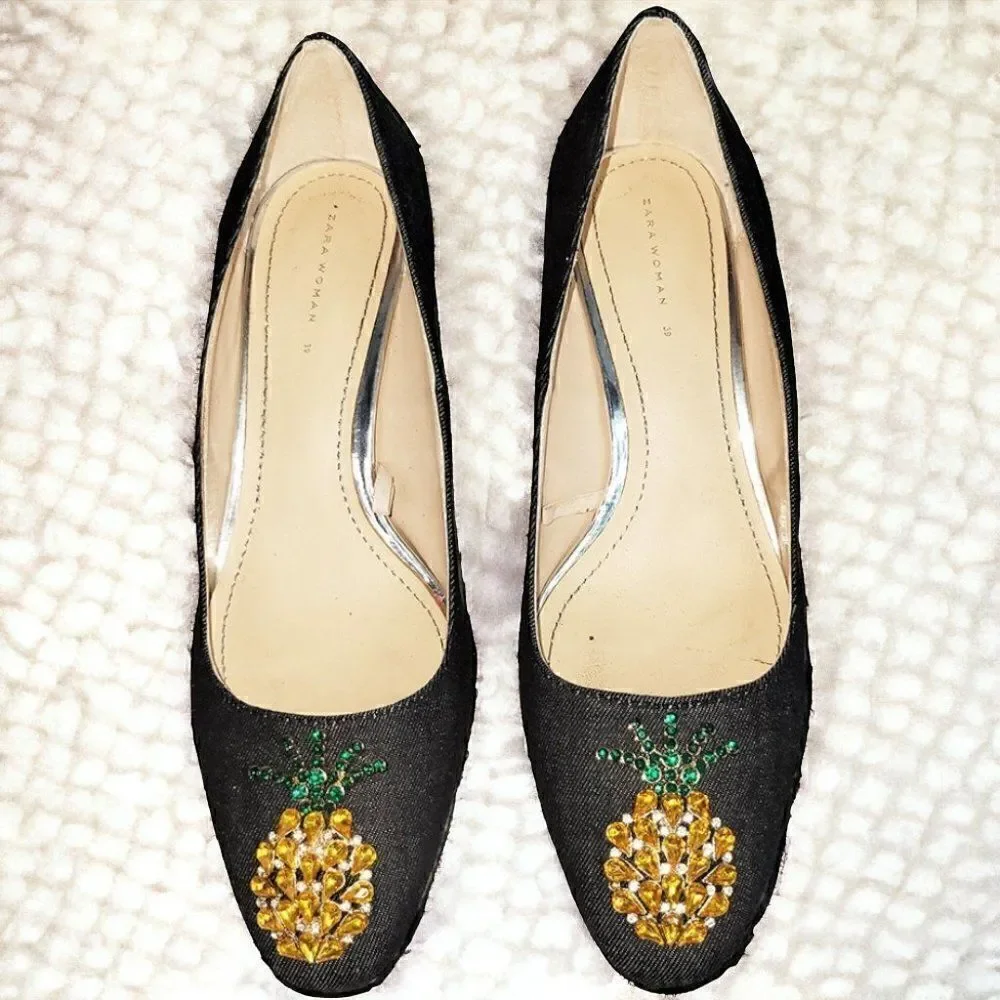 Zara gray blue denim gems PINEAPPLE chunky heels pumps